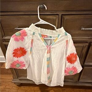 THML White Peasant Blouse with Pink & Orange Floral Embroidery